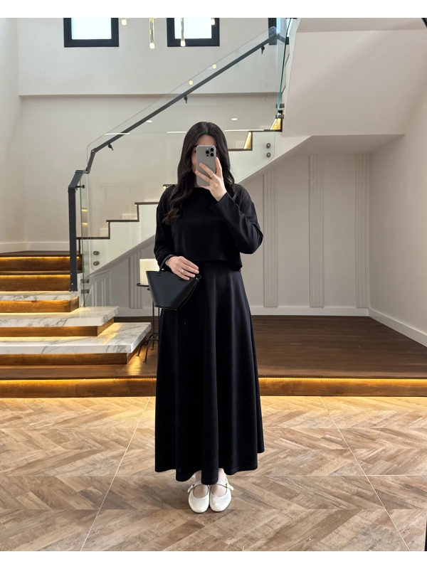 SİYAH MODAL İKİLİ ELBİSE -4064