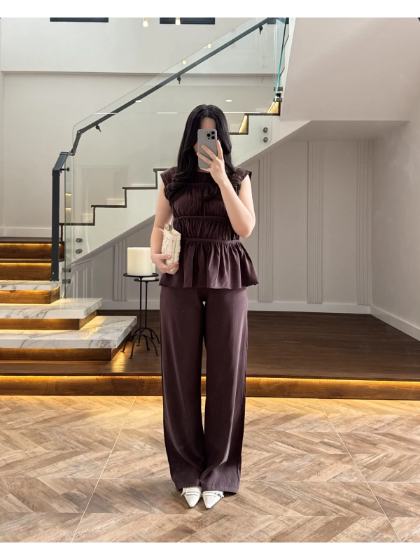 KAHVE TENSEL NEVÜRLÜ BLUZ PANTOLON TAKIM-250483