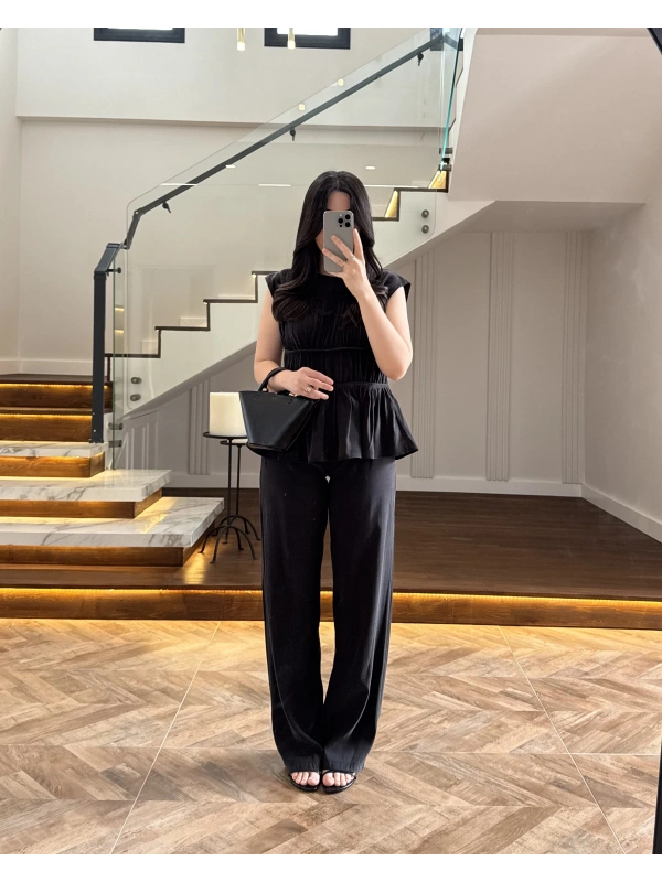 SİYAH TENSEL NEVÜRLÜ BLUZ PANTOLON TAKIM-250483
