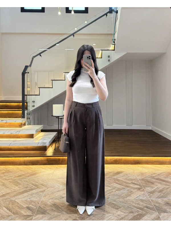 KAHVE GENİŞ PAÇA PALAZZO PANTOLON-3867