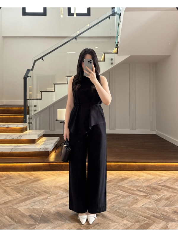 SİYAH ASİMETRİK BLUZ PANTOLON TAKIM-8784