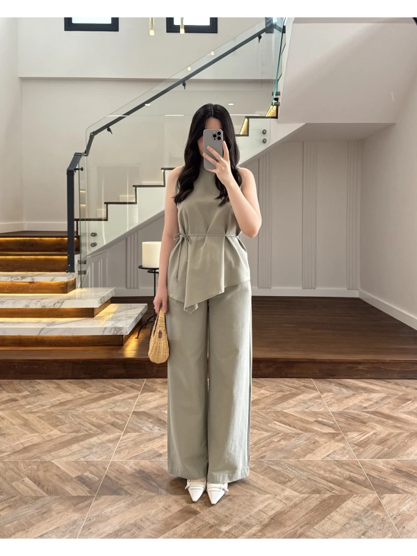 HAKİ ASİMETRİK BLUZ PANTOLON TAKIM-8784