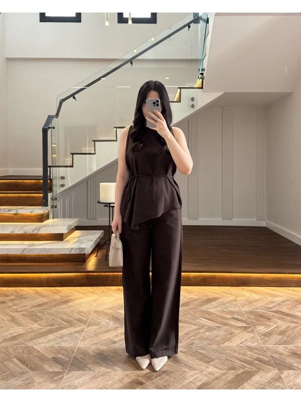 KAHVE ASİMETRİK BLUZ PANTOLON TAKIM-8784