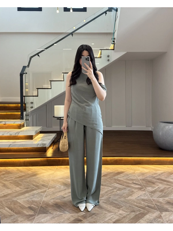 HAKİ ASİMETRİK TEK OMUZ BLUZ TAKIM-267330