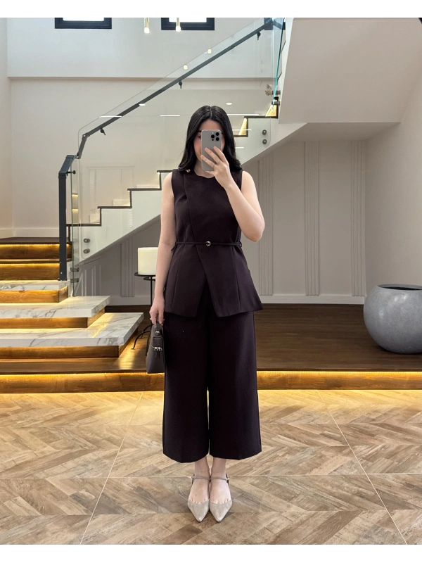 KAHVE SIFIR YAKA BAĞCIKLI YELEK PANTOLON TAKIM-267326