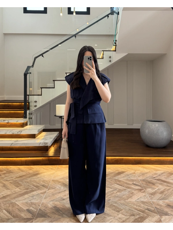 LACİVERT BELİ KUŞAKLI YELEK PANTOLON TAKIM-580769