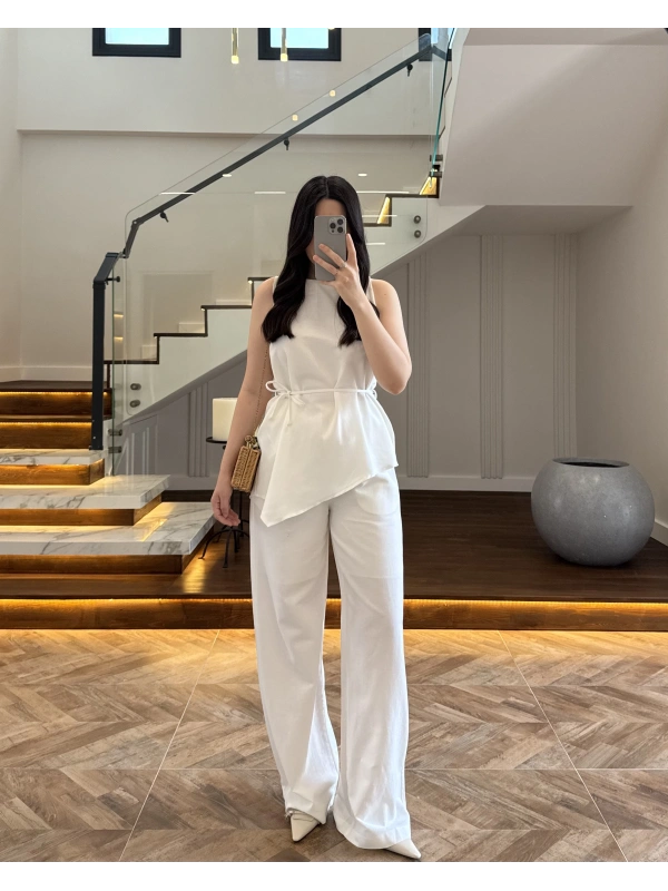 BEYAZ ASİMETRİK BLUZ PANTOLON TAKIM-8784
