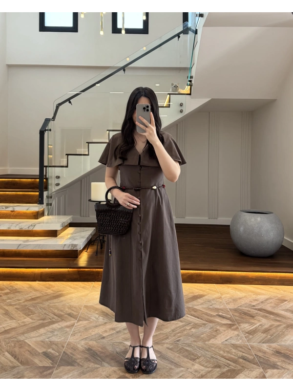 KAHVE VOLAN DETAY ELBİSE-2370