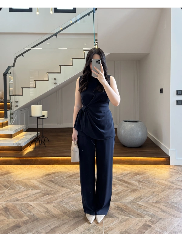 TASARIM BLUZ PANTOLON TAKIM LACİVERT-9083