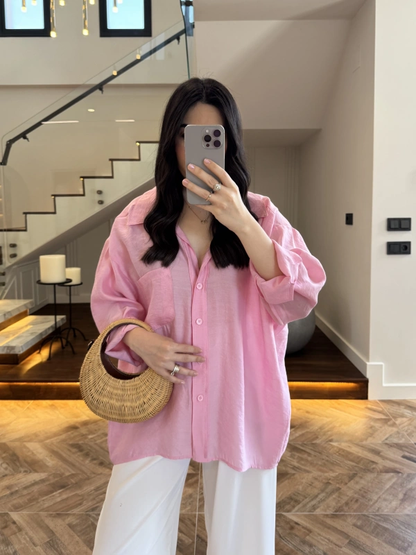 PEMBE DÜŞÜK OMUZ TENSEL GÖMLEK-4612