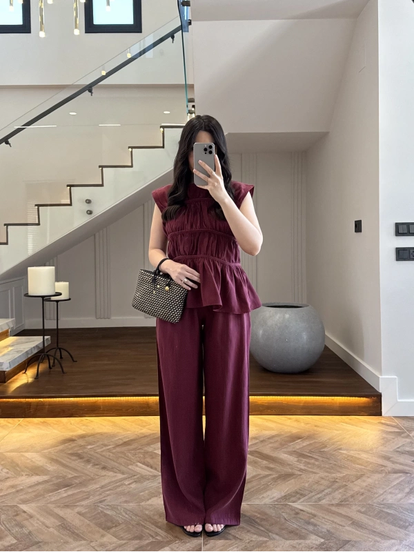 BORDO TENSEL NEVÜRLÜ BLUZ PANTOLON TAKIM-250483