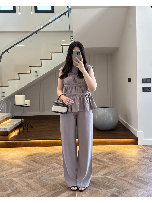 VİZON TENSEL NEVÜRLÜ BLUZ PANTOLON TAKIM-250483