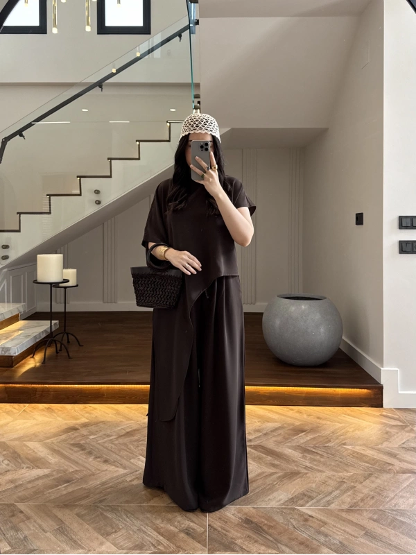 KAHVE ASİMETRİK BLUZLU TAKIM-9162