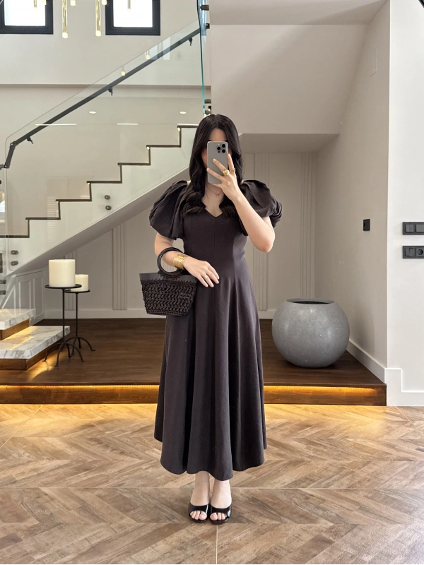 KAHVE BALON KOL ELBİSE-2384