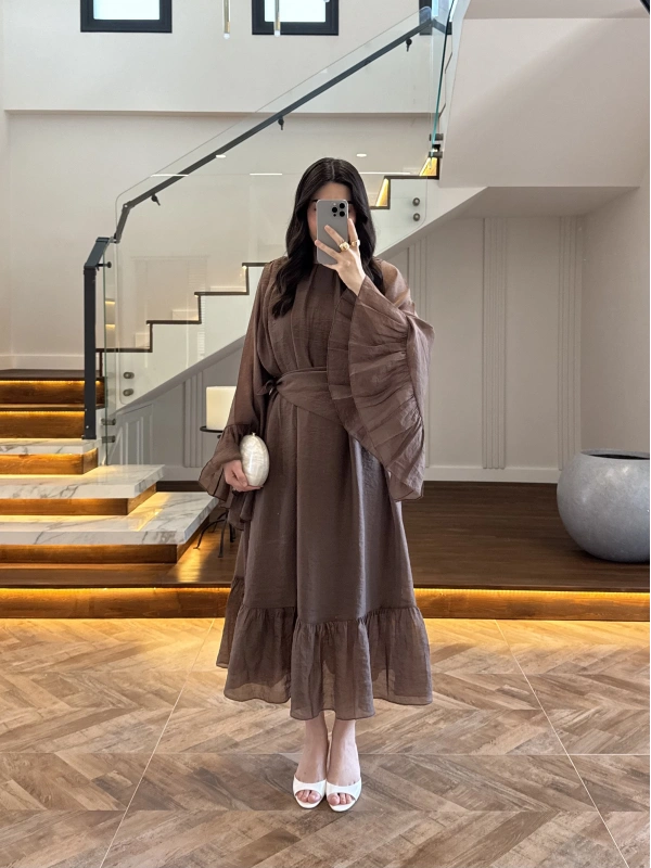KAHVE ŞALLI BÜZGÜLÜ ELBİSE-3404