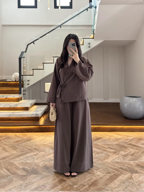 KAHVE GÜL DETAY CROP TAKIM-9088