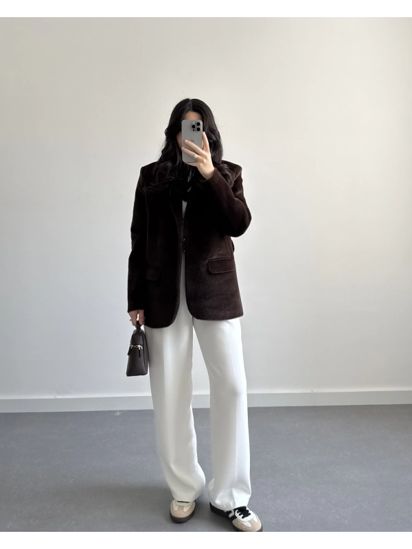 Acı Kahve Astarlı Kemerli Peluş Tüylü Ceket