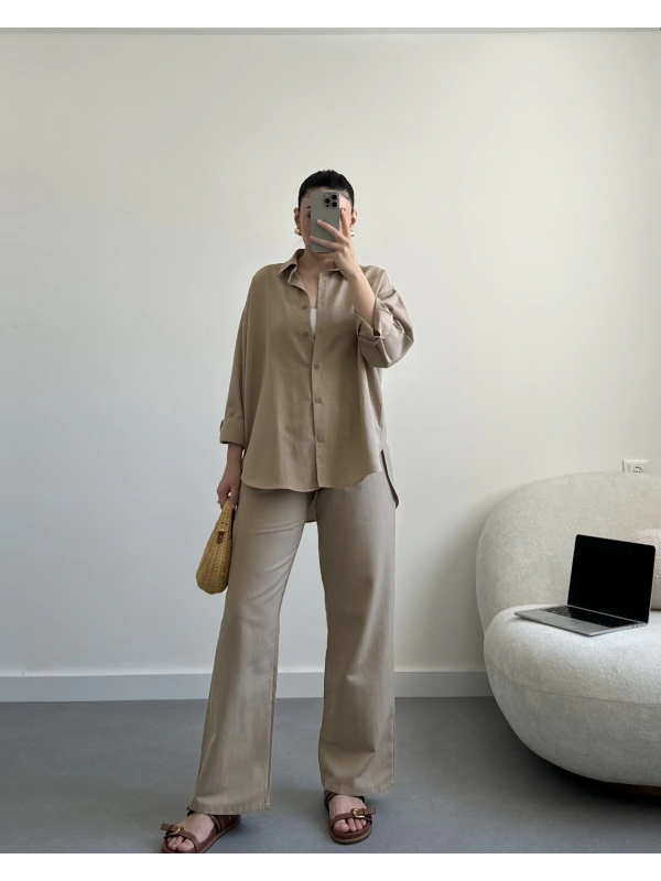 Açık Kahve Keten Kumaş Gömlek Takım