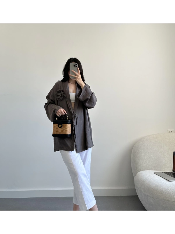 Antrasit gül bronşlu kimono