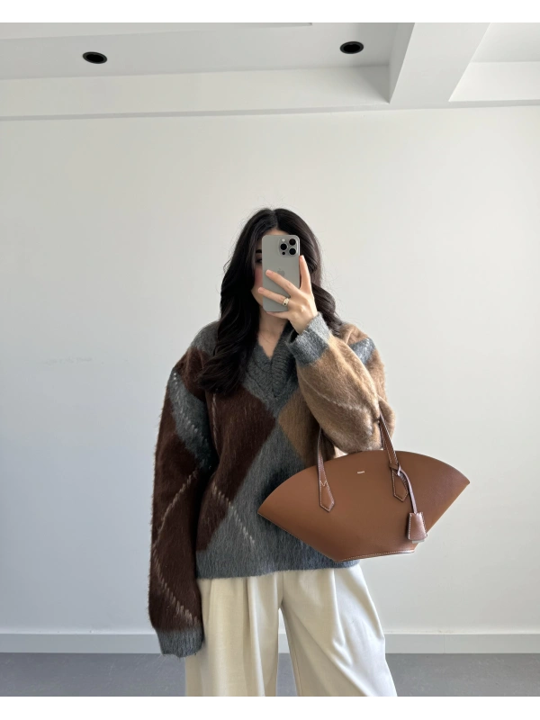 ANTRASİT & KAHVE HM MODEL BAKLAVA DESEN PREMİUM YÜN KAZAK