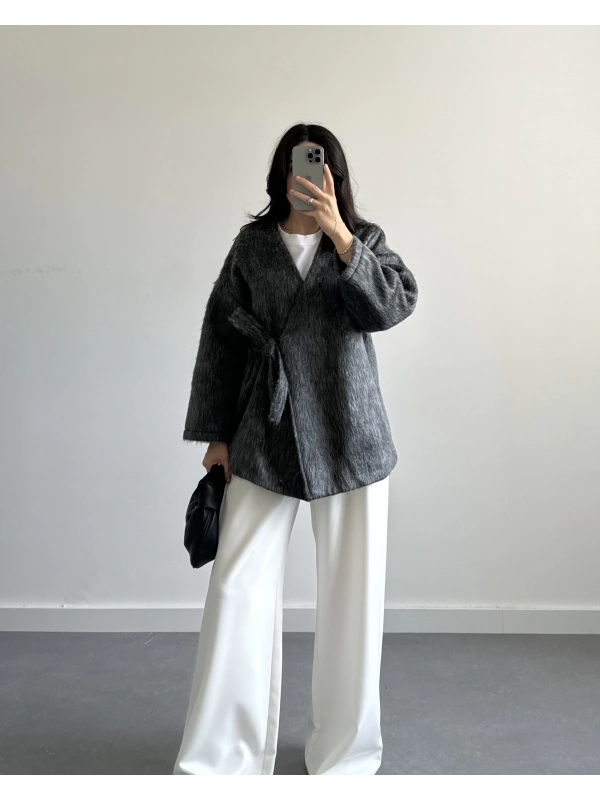 ANTRASİT KIRÇILLI SAKALLI KAŞE KUMAŞ CEKET