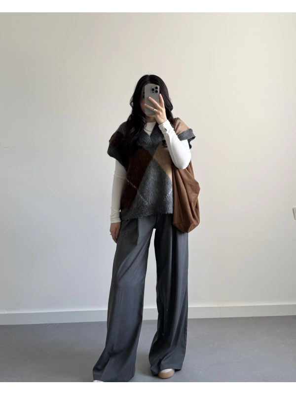 ANTRASİT ÖNDEN PENSLİ BOL PAÇA PANTOLON