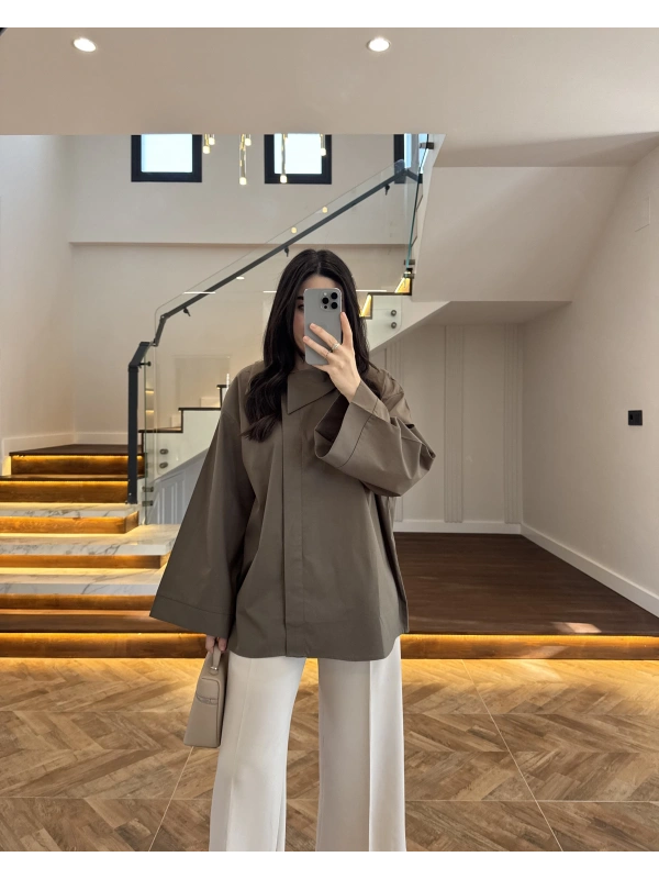 ASİMETRİK YAKA POPLİN GÖMLEK HAKİ -5419