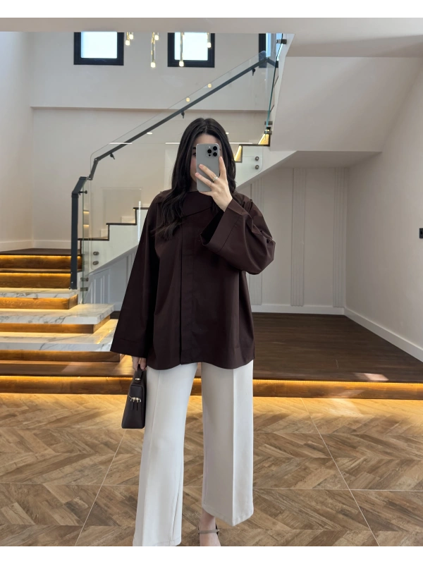 ASİMETRİK YAKA POPLİN GÖMLEK KAHVE -5419