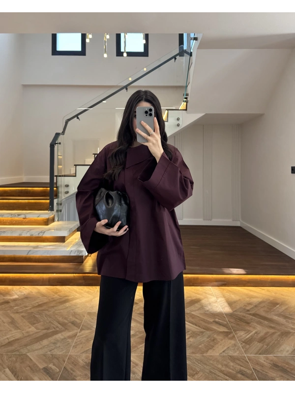 ASİMETRİK YAKA POPLİN GÖMLEK MÜRDÜM -5419