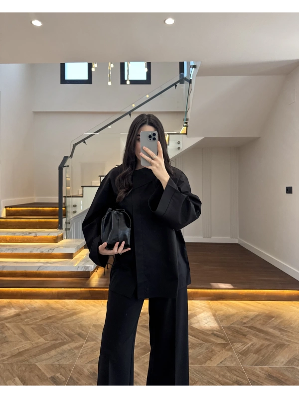 ASİMETRİK YAKA POPLİN GÖMLEK SİYAH -5419