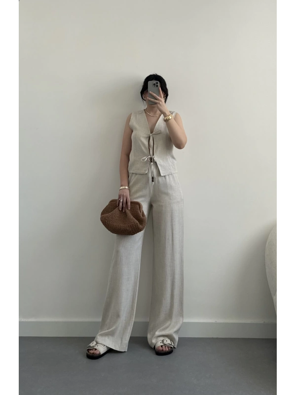 Aven taş keten yelek takım