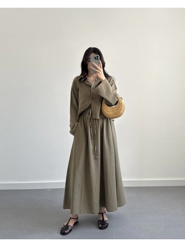 BARLE HAKİ KETEN ETEK GÖMLEK TAKIM