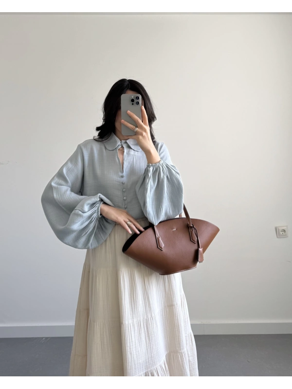 BEBE MAVİ BALON KOL GÖMLEK BLUZ