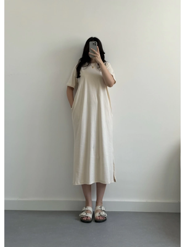 Bej cepli basic elbise