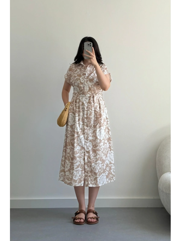 Bej Çiçekli Midi Boy Gömlek Elbise