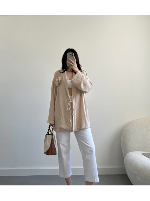 Bej gül bronşlu kimono