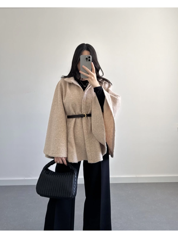 BEJ KEMERLİ KAŞE PANÇO