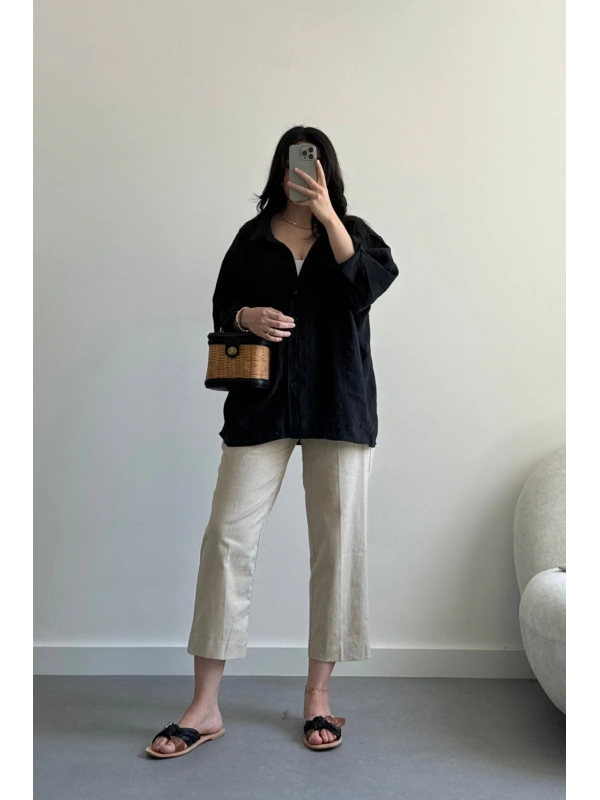 Bej Keten Havuç Pantolon