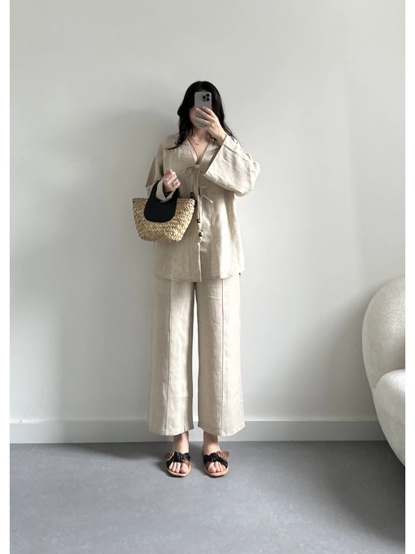 Bej keten kumaş bohem takım