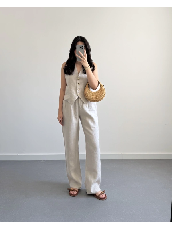 BEJ KETEN MASKÜLEN YELEK PANTOLON TAKIM