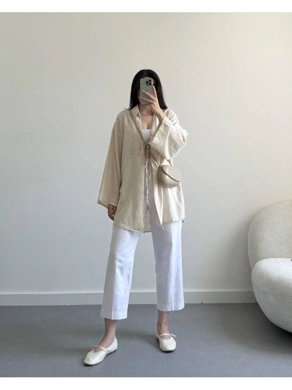 Bej önü bağlamalı keten kimono