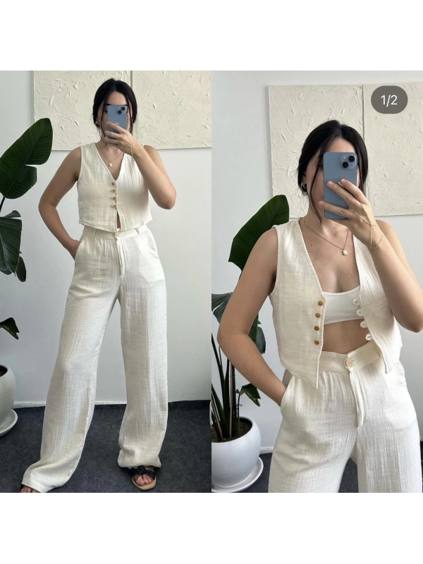 Bej keten yelek takım