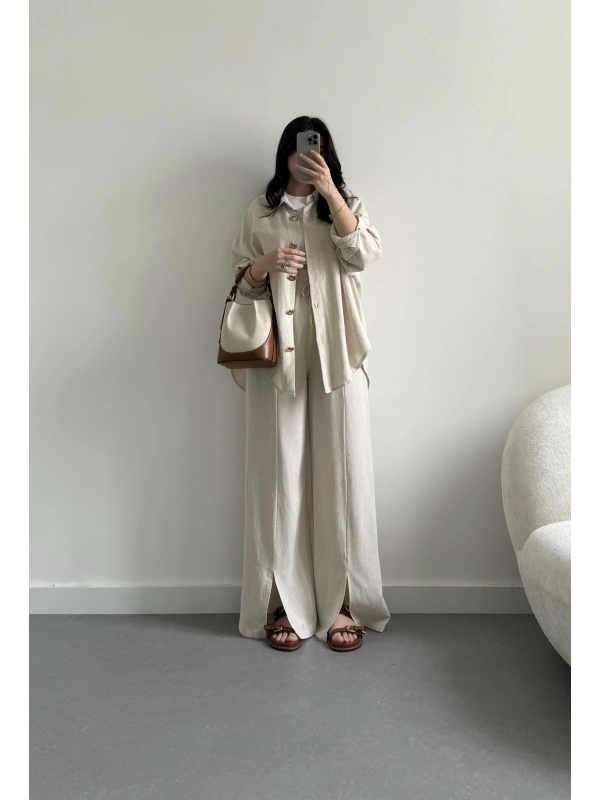 Bej keten yırtmaçlı gömlek takım