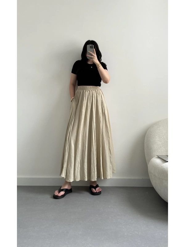 Bej kırinkıl kumaş midi boy etek