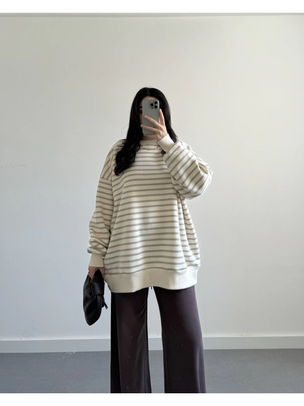 BEJ- KREM ÇİZGİLİ OVERSİZE SWEATSHİRT