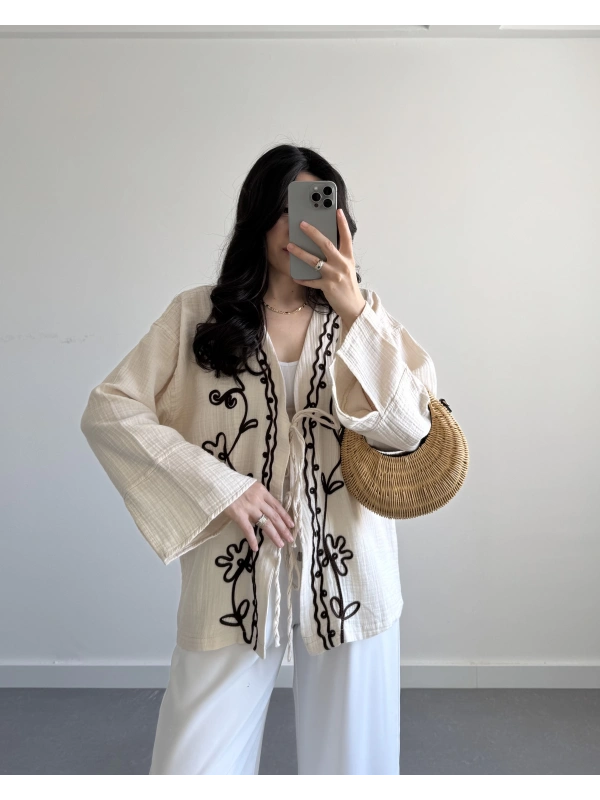 BEJ MÜSLİN NAKIŞLI KİMONO