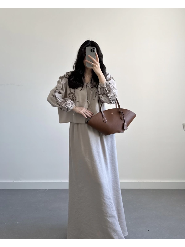 BEJ NAKIŞLI ETEKLİ İKİLİ TAKIM