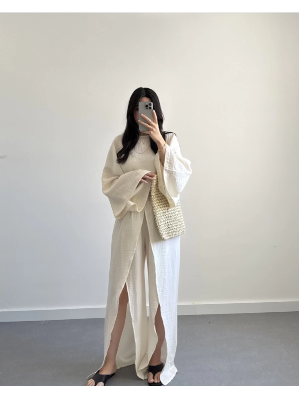 BEJ PANTOLONU YIRTMAÇLI TASARIM TAKIM