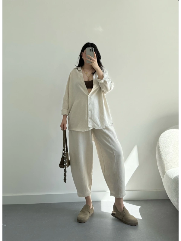 Bej şalvar keten gömlek takım