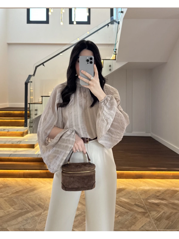 BEJ TASARIM BALON KOL BLUZ -5415